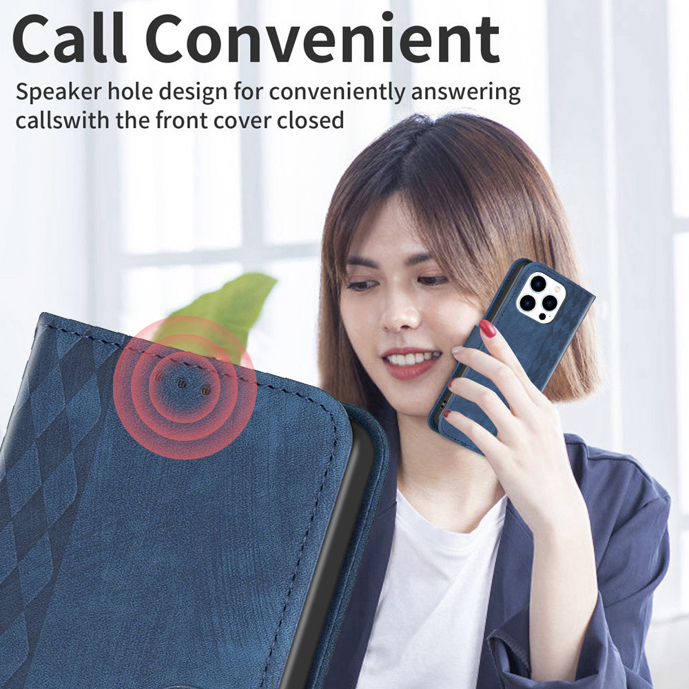 Uniqkart for iPhone 15 Pro Mobile Phone Stand Case Wallet Imprinted Rhombus PU Leather Anti-drop Phone Cover - Blue Uniqkart for iPhone 15 Pro Mobile Phone Stand Case Wallet Imprinted Rhombus PU Leather Anti-drop Phone Cover - Blue